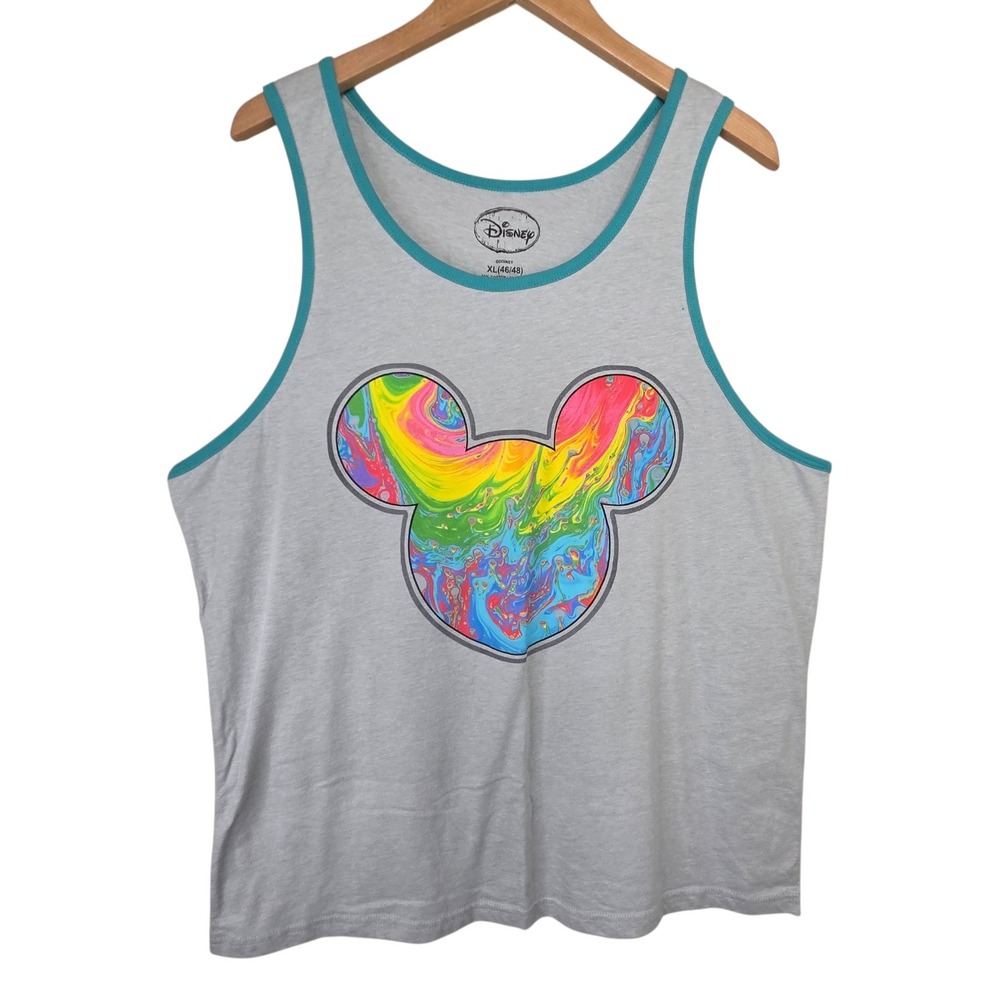 Disney Mens Gray Ringer Tank Top XL Psychedelic Mickey Mouse SZ XL Rainbow Retri